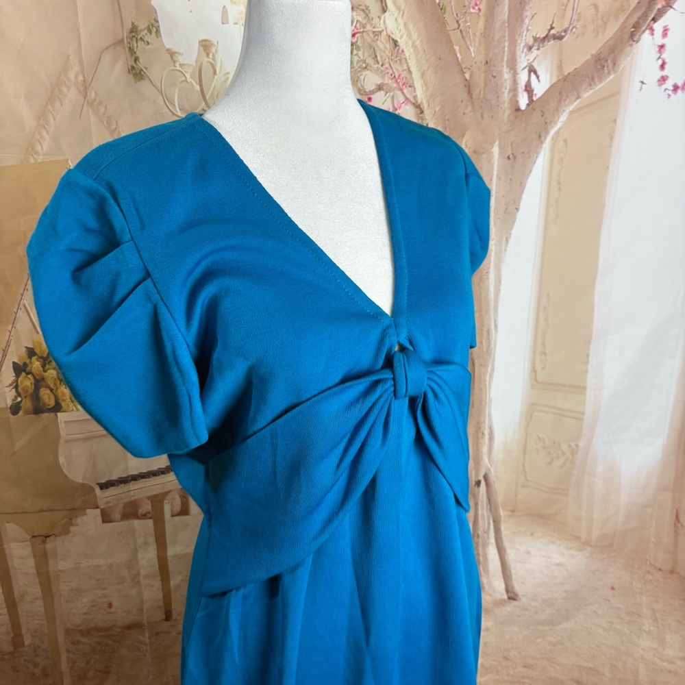 NEW St. John Wool Blue Puff Sleeve Sheath Dress - Picture 6 of 10